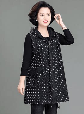 中老年女装春秋装马甲风衣中长款大码妈妈装连帽外套背心女坎肩潮