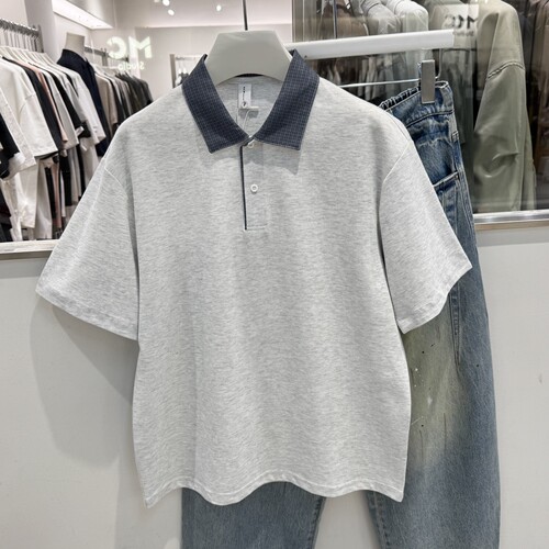 2026夏季都市「高智感通勤」假两件格子短袖POLO衫男翻领五分袖潮