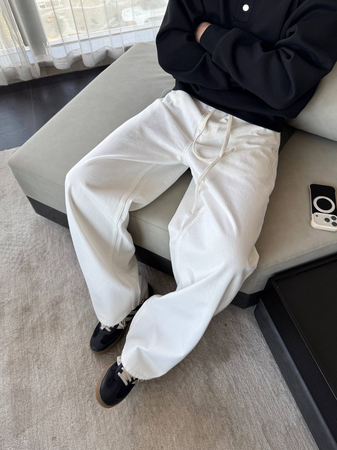 oversize「内置抽绳 cleanfit 」白色牛仔裤男直筒宽松阔腿裤子潮