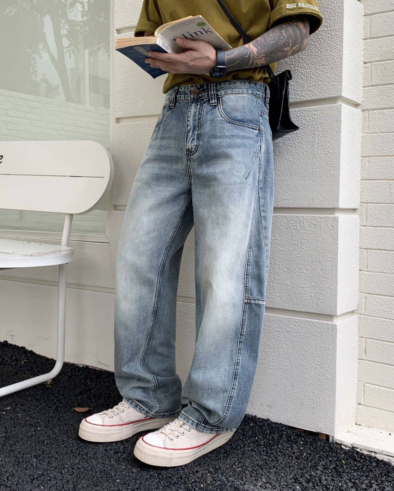 美式复古水洗做旧弯刀牛仔裤男时尚百搭宽松痞帅阔腿休闲长裤子潮