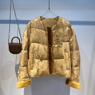 欧洲站新款丝毛提花90白鹅绒重工串珠刺绣袖口拼接水貂毛羽绒服女