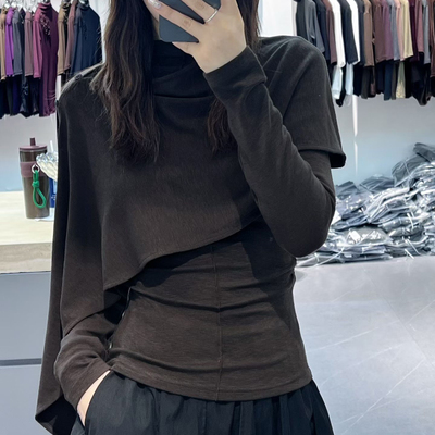 欧洲站时尚上衣女不规则披肩两件套秋冬高级洋气修身显瘦长袖T恤