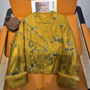 人丝提花亮片刺绣袖 新款 口水貂毛棉服 桑蚕丝棉衣冬季 欧洲站新中式