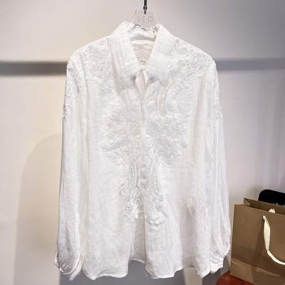 欧洲站早春新款穿搭苎麻法式蕾丝镂空绣花微透衬衫松弛感上衣女