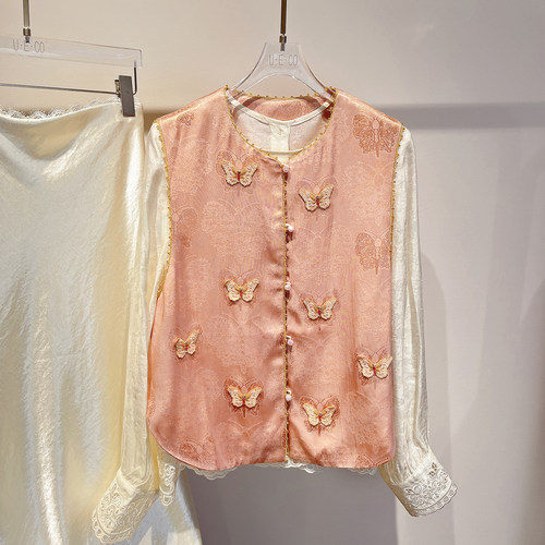 欧洲站新中式马甲女春夏新款轻奢亮片蝴蝶钉珠刺绣国风砍肩叠穿潮