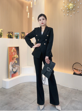 2024春季黑色紫色双排扣西装直筒微喇裤套装女时尚经理团队工作服