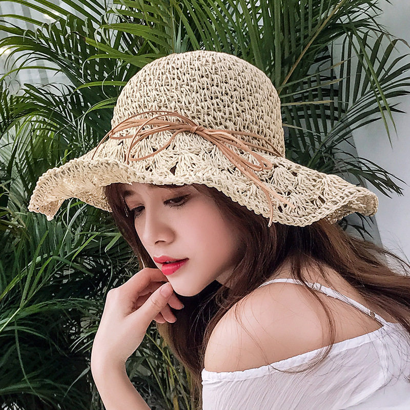 新款夏季拉菲草帽女小清新遮阳太阳帽 大沿镂空可调节沙滩帽