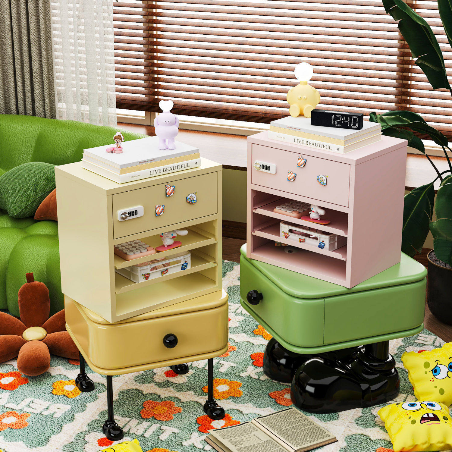 奶油风桌面铁皮柜密码箱带抽信盘收纳密码锁文件收纳架图纸