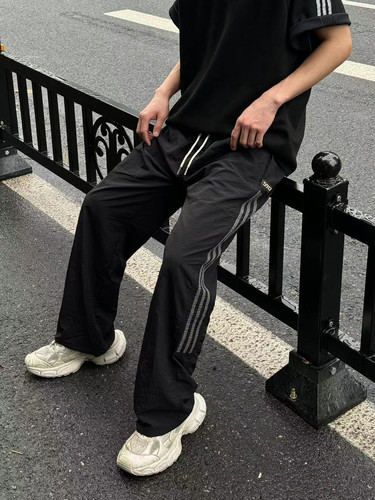 Jq2also 夏季户外阔腿休闲裤三条杠拼接条纹速干裤男士百搭裤