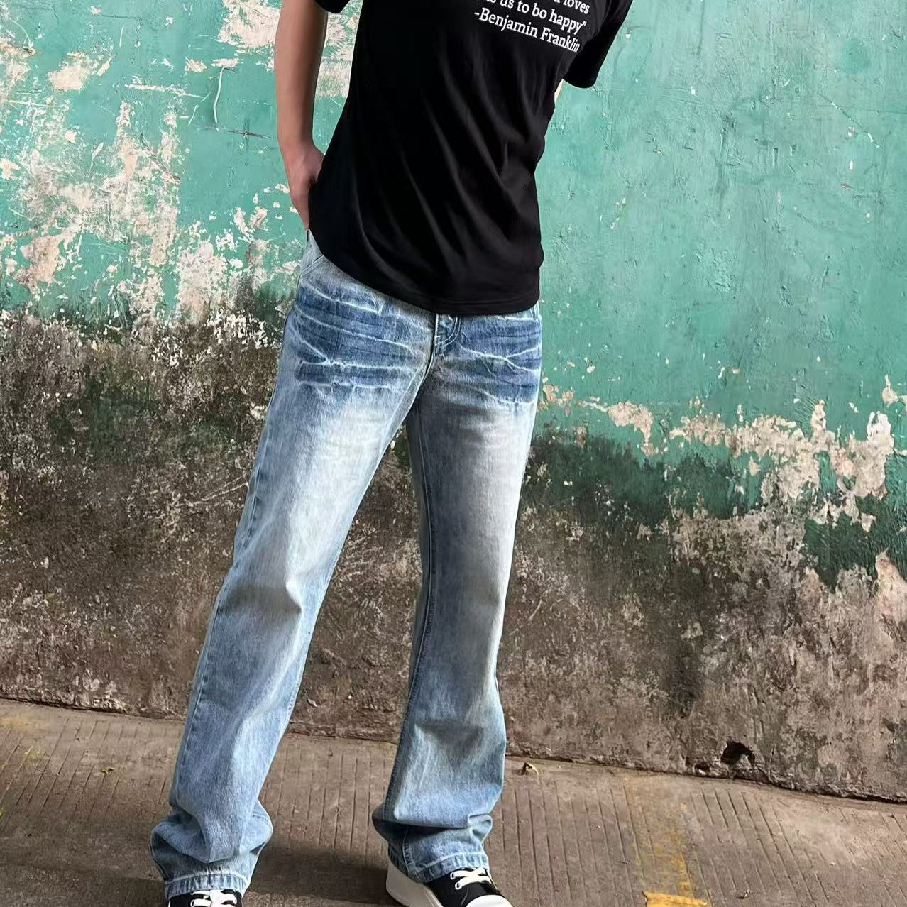 JQ2ALSO美式高街水洗浅色磨白闪电竹节纹牛仔裤直筒拖地男女款
