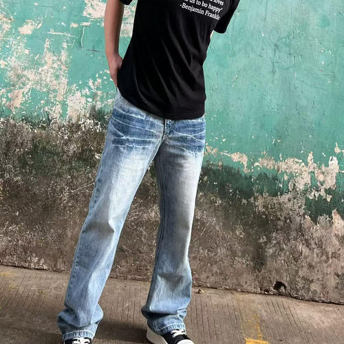 JQ2ALSO美式高街水洗浅色磨白闪电竹节纹牛仔裤直筒拖地男女款