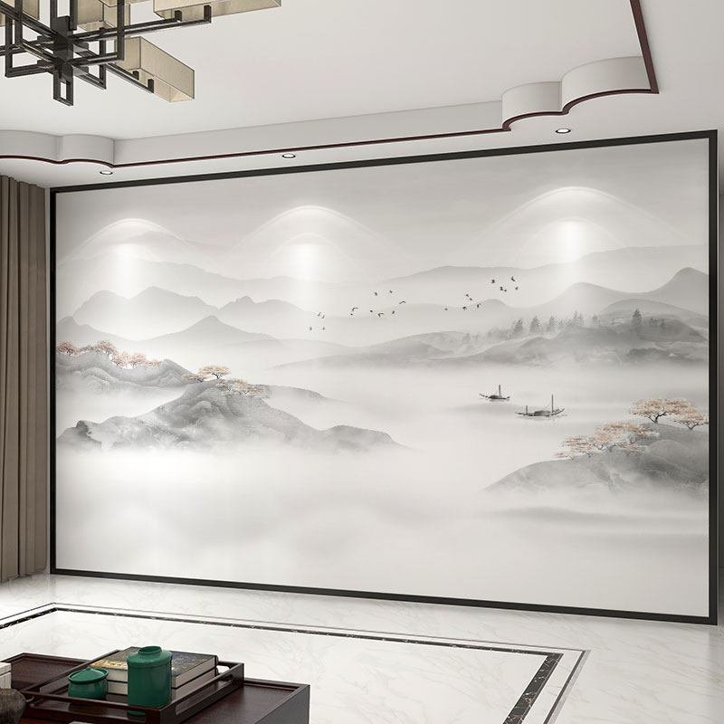 墙纸3d立体形壁画新中式水墨山水电视背景墙壁布客厅墙布卧室壁纸
