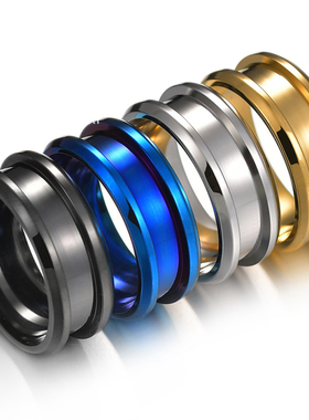 夸张创意光面8mm钛钢彩色凹槽戒指 时尚双斜边指环