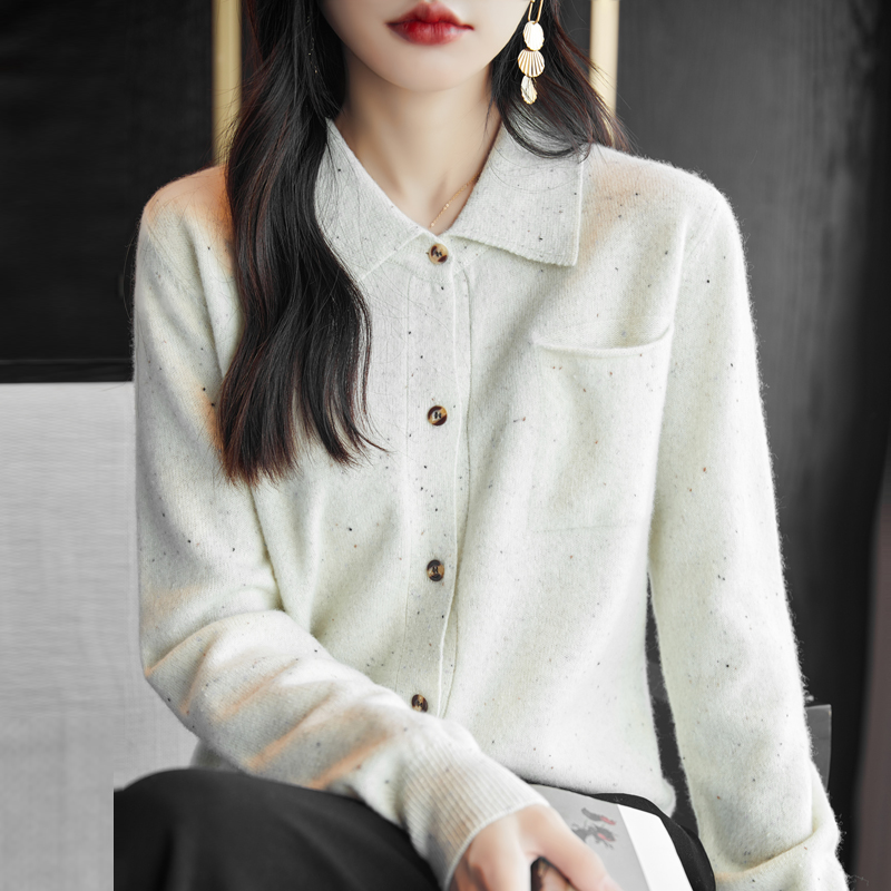 100%纯羊毛衫针织开衫女外套Polo翻领打底衫2025新款秋冬宽松毛衣