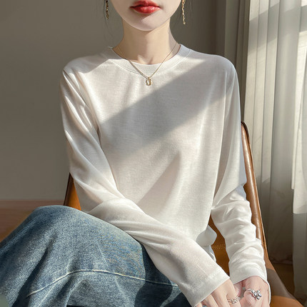 莱赛尔天丝短袖T恤女26春夏薄款圆领针织毛衣宽松长袖打底衫上衣