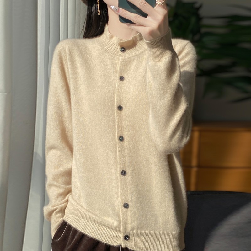 法式高端木耳领100%纯羊毛女开衫短外套打底针织保暖内搭叠穿毛衣