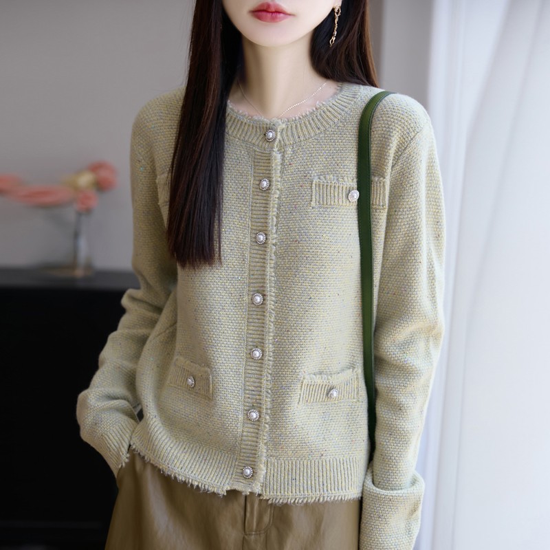 秋冬100%纯羊毛衫开衫女圆领珍珠扣流苏上衣宽松亮片针织毛衣外套