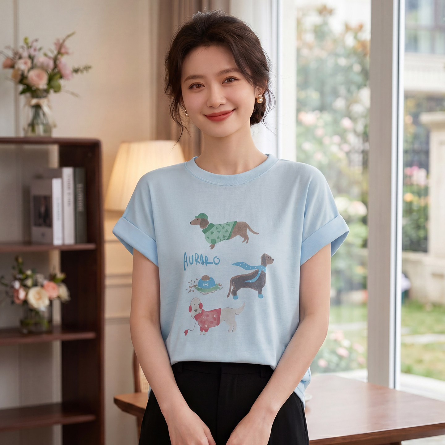 美式卡通印花宽松减龄T恤女夏季新款圆领显瘦短袖洋气针织打底衫