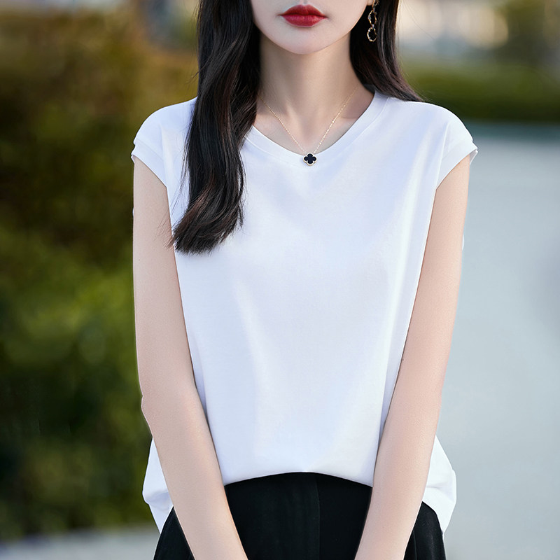 高级感100丝光棉无袖t恤女圆领白色宽松夏季纯棉吊带背心女士内搭