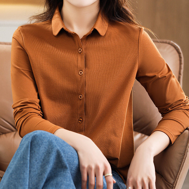 韩版纯棉长袖衬衫女衬衣舒适弹力时尚宽松减龄纯色polo领开衫外套