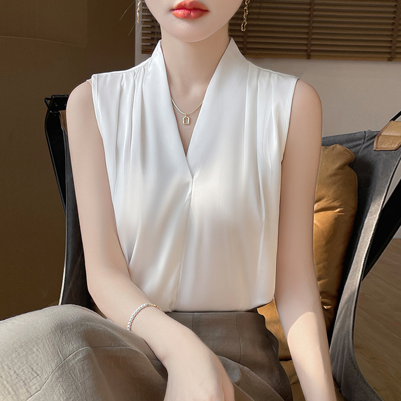 春夏季缎面丝滑无袖衬衫女V领吊带背心西装外套内搭显瘦上衣衬衣