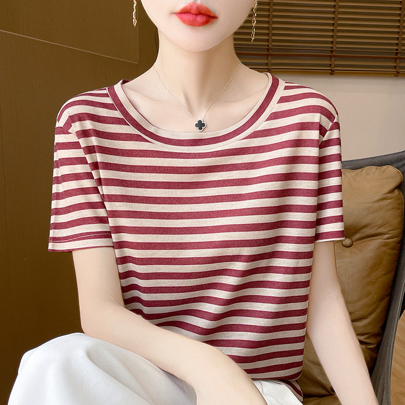 2025新款夏季天丝短袖t恤女半袖条纹高档妈妈宽松短袖体恤衫上衣