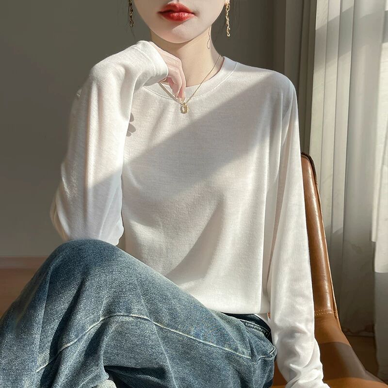 莱赛尔天丝短袖T恤女26春夏薄款圆领针织毛衣宽松长袖打底衫上衣