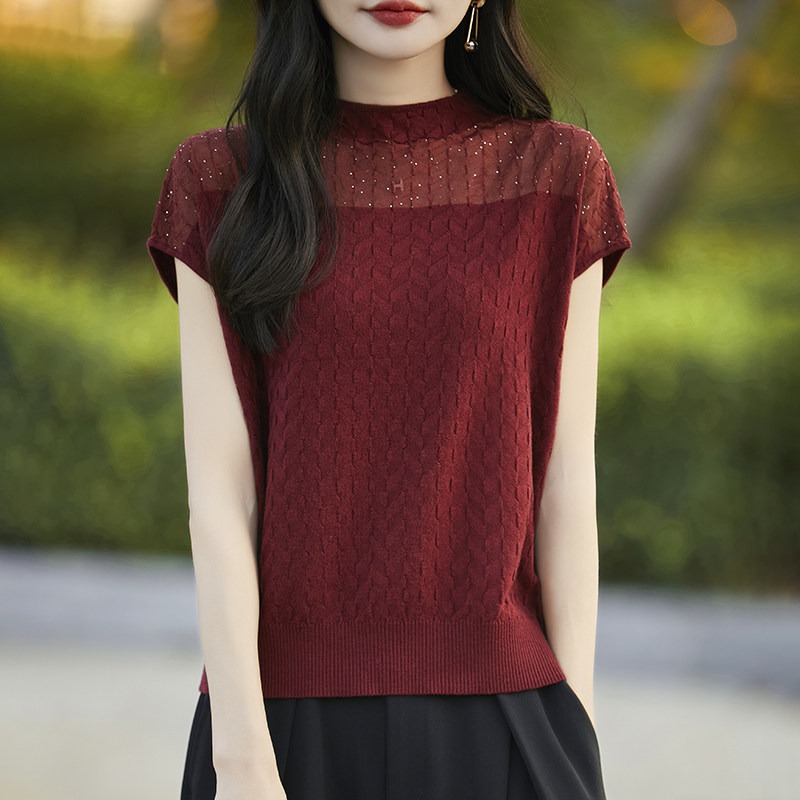 欧根纱珠片半高领短袖t恤女2026夏季新款网纱落肩半袖针织打底衫