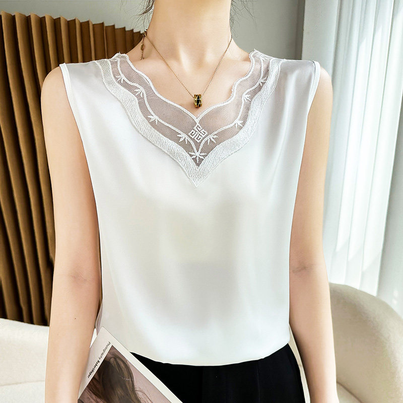 高级感桑蚕丝吊带背心打底夏内搭宽松小衫外穿无袖T恤蕾丝V领上衣
