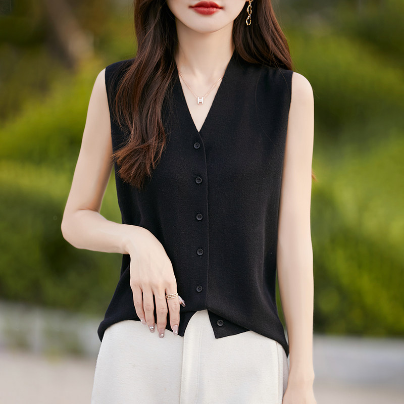精纺羊毛针织马甲背心女纯色薄款内搭外穿V领无袖打底开衫上衣夏