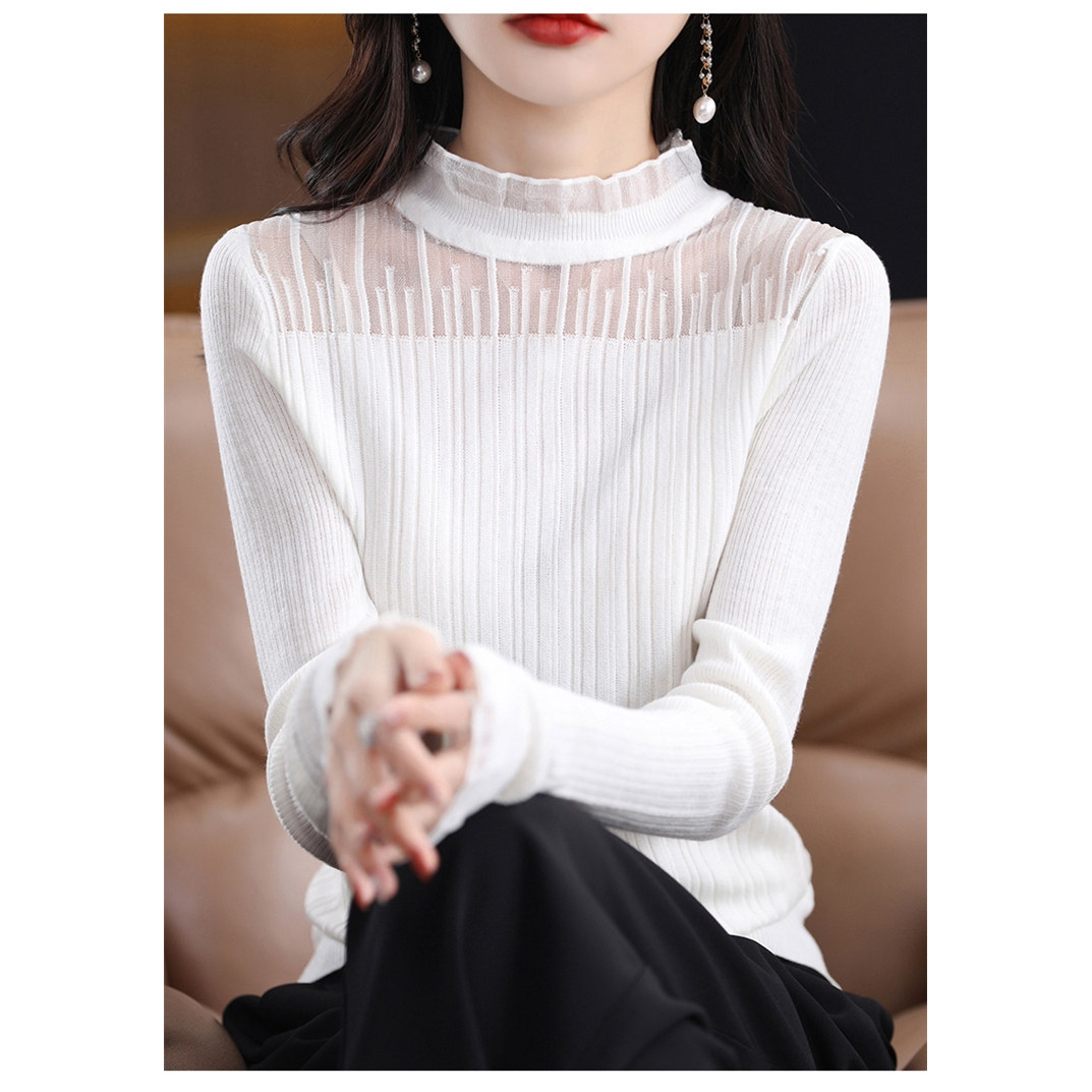 法式花边无袖领背心女羊毛西装内搭半高领白色上衣蕾丝针织打底衫