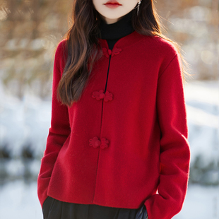 新中式国风精纺羊毛开衫女立领盘扣长袖毛衣外套减龄大气时尚上衣