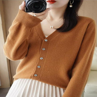 春秋新款羊毛针织衫开衫女宽松百搭长袖毛衣外套大码款薄外搭上衣