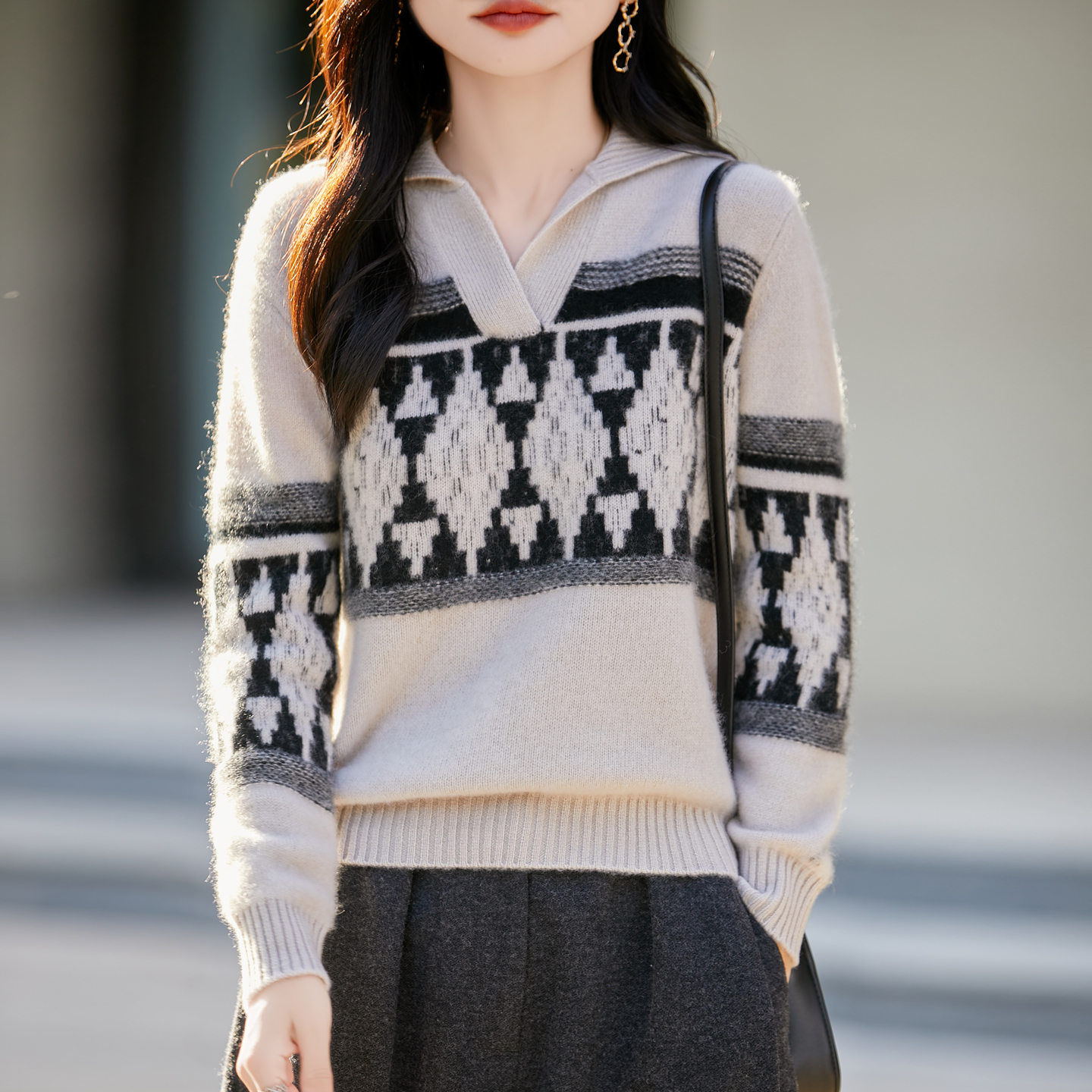 秋冬加厚100%羊毛衫女半开领复古拼色菱形宽松套头毛衣针织打底衫