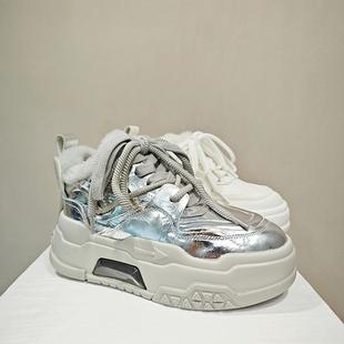 增高羊毛保暖休闲老爹鞋 真皮银色厚底加绒棉鞋 潮 时尚 欧洲站冬新款