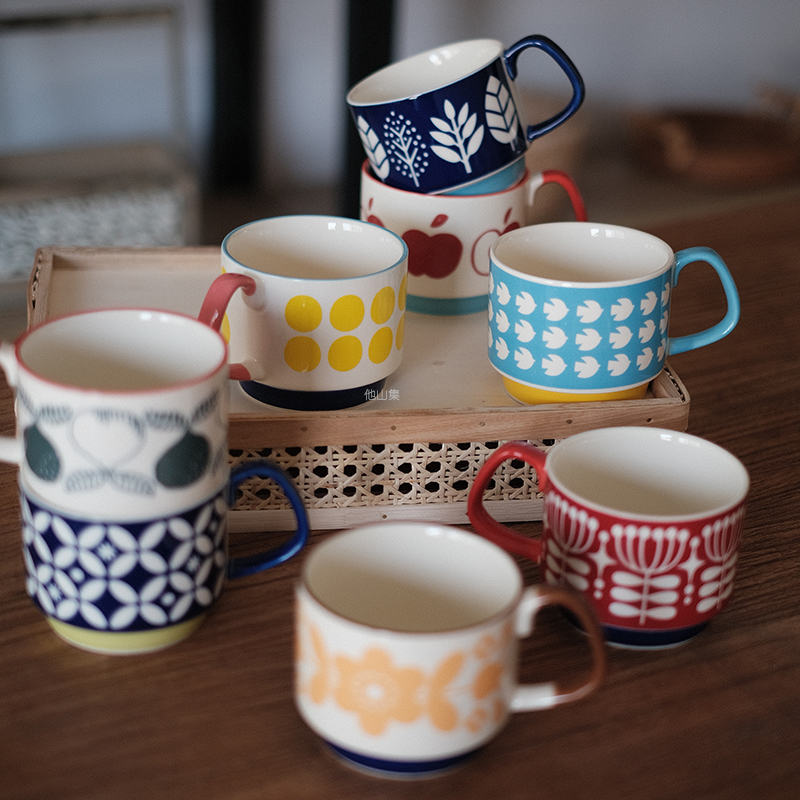 他山集.日本同款复古釉下彩陶瓷马克杯创意早餐麦片杯咖啡杯300ml