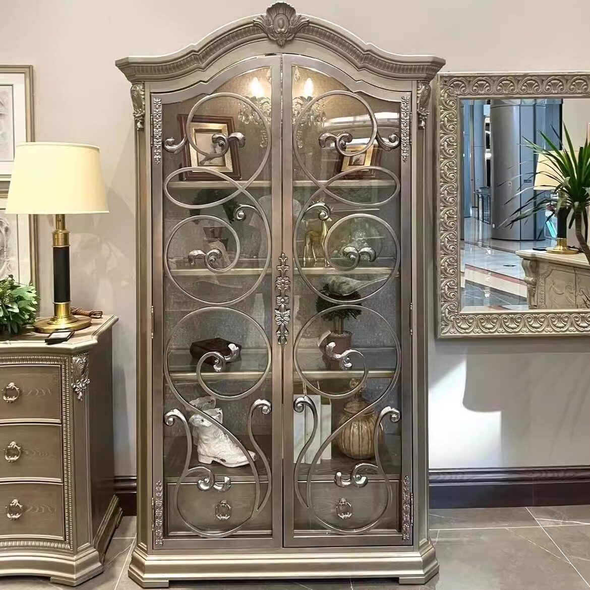 美式ART筑源实木书柜法式复古做旧雕花储物柜门厅展示柜酒柜家具