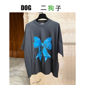 T恤tee男女 蓝蝴蝶结涂印字母oversize短袖 二狗子定制 FW新