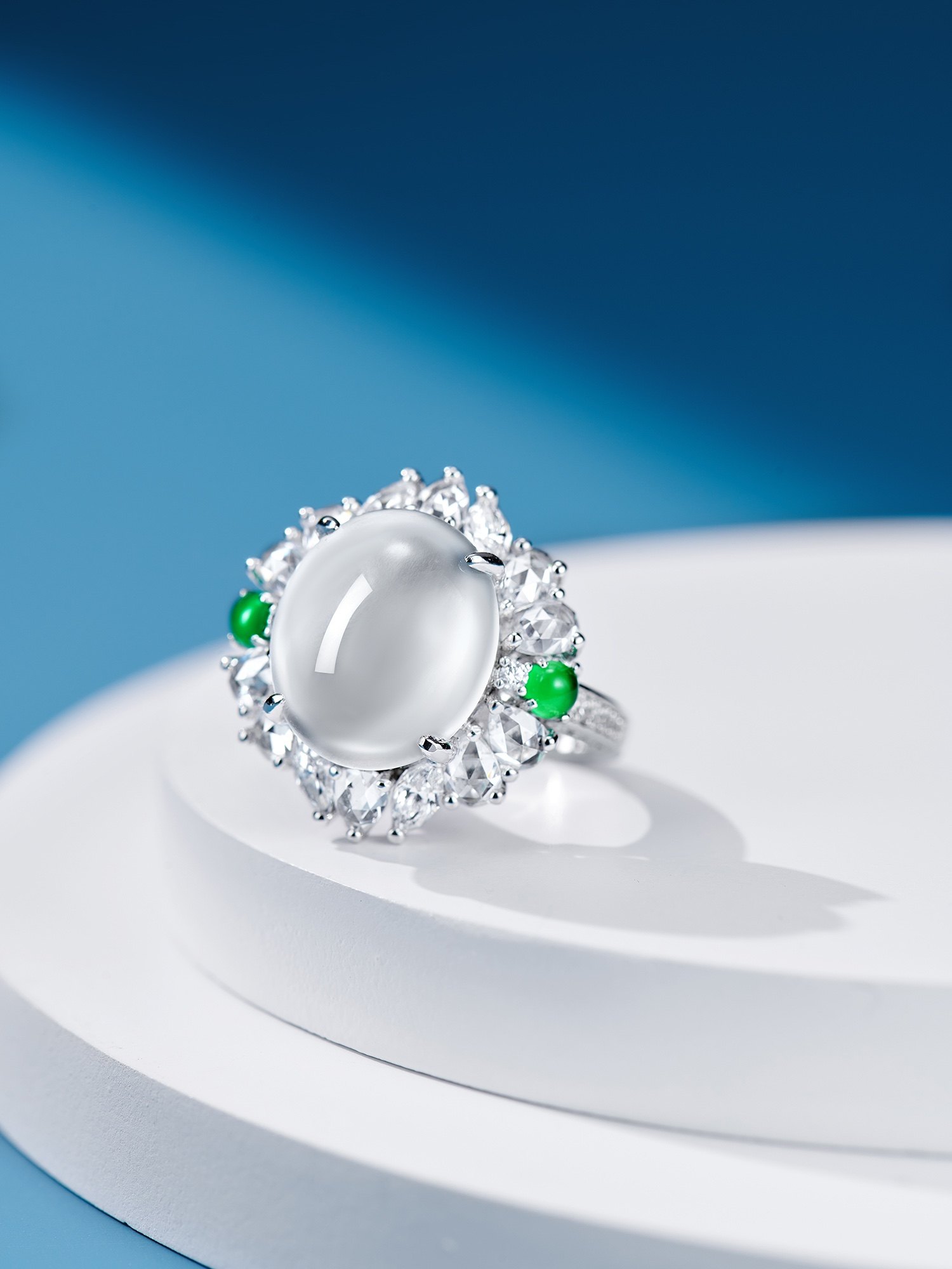 新中式鸽子蛋水沫玉钻石围镶戒指玻璃种高级感百搭925银镀金戒指