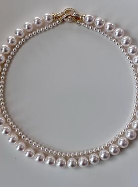 双层正圆施家珍珠项链极光粉光日本akoya海水质感送礼【赠首饰盒