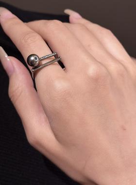 Joie大溪地黑珍珠s925纯银小众设计暗黑戒指个性甜酷开口戒指女