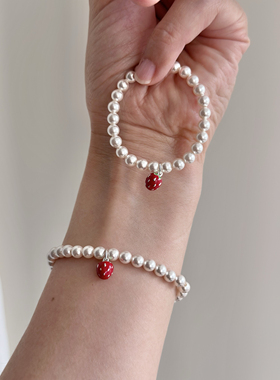 Joie亲子手链纯银草莓滴胶奥地利进口施家珍珠正圆强光 akoya质感