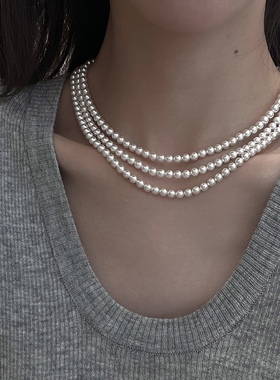 复古施家珍珠项链Joie首饰三层链