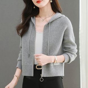 小个子短款 拉链高腰洋气卫衣外搭上衣 针织开衫 毛衣外套女连帽新款