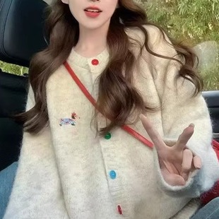 针织开衫 彩色扣子秋冬2025新款 女刺绣韩系穿搭慵懒上衣毛衣外套