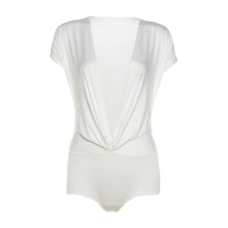 thumbnail for KKX European and American hot girl style sexy street solid color deep V low-cut pleated design sense with short sleeve jumpsuits