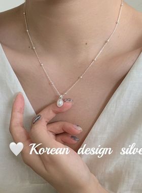 韩国2024款小众设计饰品 S925纯银椭圆珍珠小豆项链女高级感ins风