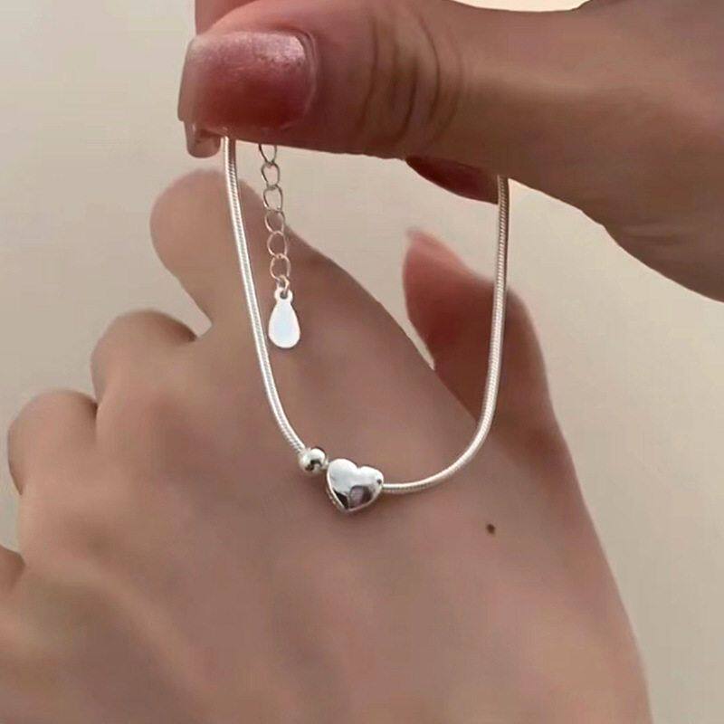 s925纯银心球蛇骨手链女简约甜美银珠爱心韩版ins小众手饰气质感