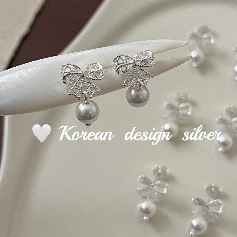 韩国ins风圣诞新款耳饰 S925纯银丝带蝴蝶结珍珠耳钉小众气质女款