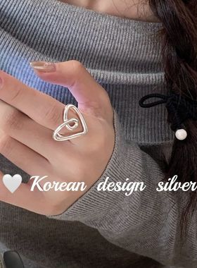 日系韩版ins风设计饰品 S925纯银设计款爱心戒指开口可调节指环女